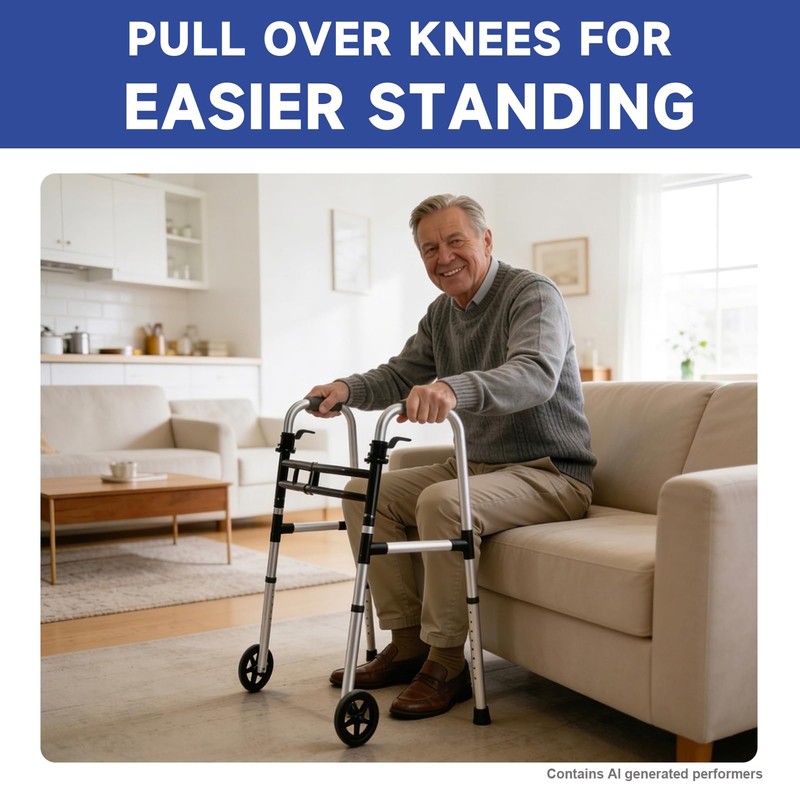 Onpickly Foldable Walker for Seniors with 5" Wheels, Lightweight, Silver