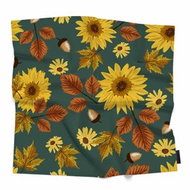 Xuwenz Bandana Autumn Sunflowers Soft Comfortable Maple Leaves Acorns Green Background Silk Scarf for Women Hair 90x90 CM