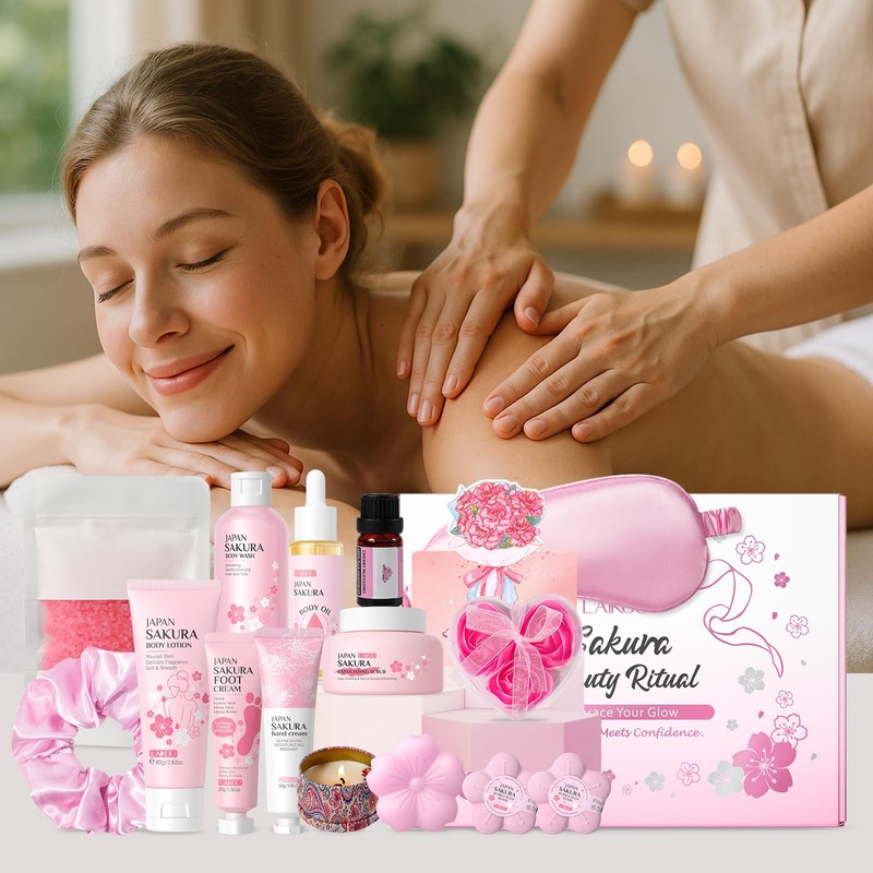 LAIKOU Sakura Bath Gift Set, 16 Pcs Luxury Unique Self