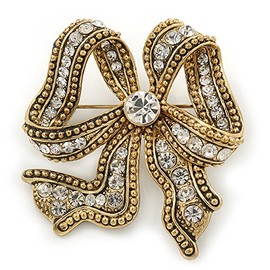 Vintage Inspired Clear Crystal Bow Brooch In Antique Gold Metal - 50mm Length