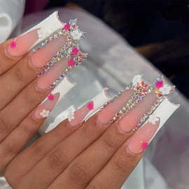 24 Pcs Pink Press on Nails Long Square,MINGCHUN Bling Fake Nails Press ons Acrylic Nail Art Tip Kit with Rhinestone Flowers Charms Design Full Cover White French False Nails Glue on Nails for Women
