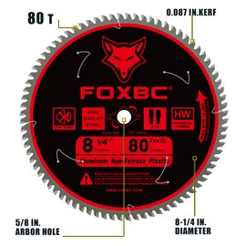 FOXBC 8-1/4 Inch Metal Cutting Table Saw Blade 80-Tooth TCG for Aluminum, Copper, Plastic, Brass, Fiberglass with 5/8-Inch Arbor
