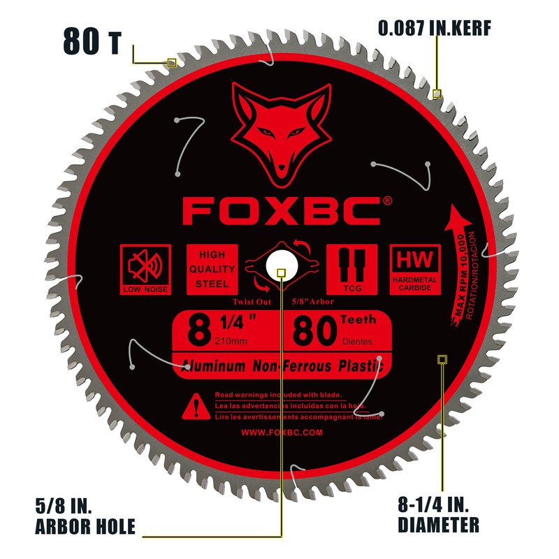 FOXBC 8-1/4 Inch Metal Cutting Table Saw Blade 80-Tooth TCG