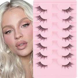 Oreola Cat Eye False Eyelashes Clear Band Half Manga Lashes Natural Look Faux Mink Corner 3/4 Fake Lashes Wispy Handmade Reusable 7 Pairs