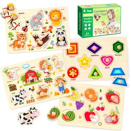 Wooden Puzzles for Toddlers, 4 Pack Montessori Toys Preschool Learning Puzzles for Baby, Farm, Shapes, Animals, Fruits Wooden Peg Puzzles for Boys and Girls (4 Pack)