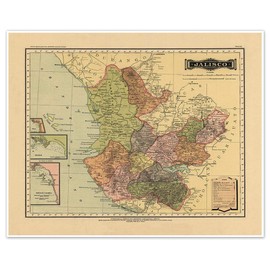 Antiguos Maps - Estado Libre y Soberano de Jalisco Map from Atlas Mexicano Circa 1884 - Measures 24 in x 30 in (610 mm x 762 mm)