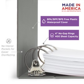 Carstens 3-Inch Heavy Duty 3-Ring Binder - Top Opening, Ash Gray, Durable Plastic, Precision No-Gap Rings, Waterproof Cover, No Pockets, Holds 400 US Letter Sheets, BPA-Free, Made in USA (1752-3R)