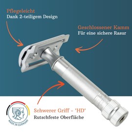 MERKUR Rasierhobel 34C | Kompaktgriff Mattchrom | Dreiteiliger Personal Care mit geradem Schnitt | Geschlossener Kamm | Ideal für Nassrasur | Zinkdruckguss | Messing Griffstück | Made in Germany