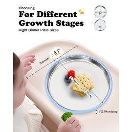 Bakpoco 8" Stainless Steel Baby Suction Plate, Toddler Plates with Removable Silicone Sleeves, Non Toxic Unbreakable Led Weaning Supplies Kids Snack Dishes Set of 4, Sage Blue Gray Navy