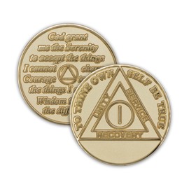 1 Year Sobriety Coin Gold Plated AA Chip Medallion Alcoholics Anonymous Sober Anniversary Recovery Token with Serenity Prayer