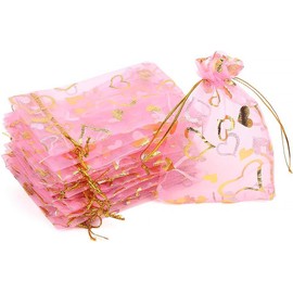 CCINEE 100pcs Heart Organza Gift Bags,4x6 Inch Pink Drawstring Jewelry Pouch Bag for Valentine's Day Wedding Party Favor
