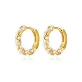 Plikin Pearls Twist Hoop Earrings for Teen Girls Gold Small Geometric Twisted Pearl Hoop Earrings Gift for Women