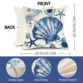 Fjfz Beach Blue Scallop Shell Decorative Throw Pillow Covers 18 x 18 Set of 2, Coastal Conch Starfish Coral Porch Outdoor Home Decor, Sea Ocean Seasonal Nautical Couch Cushion Case