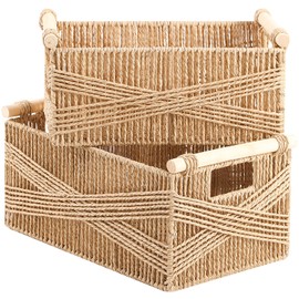 OUTBROS 2-Pack Woven Storage Baskets,Paper Rope Basket with Wood Handles, Decorative Boho Desk Wicker Storage Bins for Shelves, Organizer Container,Nature