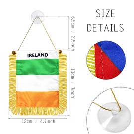 2 Pack Ireland Window Hanging Flag, 4x6 Inch Small Mini Car Flags Banner with Golden Fringy Tassel and Suction Cup, Ireland Hanging Flag for Wall, Room and Rearview Mirror Decor