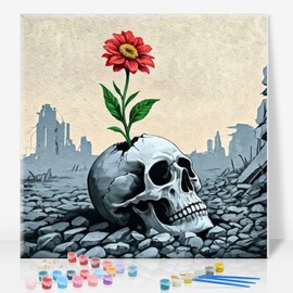 Framed Paint by Numbers Kit for Adults Beginner, Helloween Easy Paint by Number Kits on Canvas Framed, Skull DIY Acrylic Oil Painting by Numbers with Frame for Gift Home Decor 10 x 10 inch