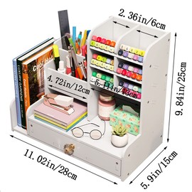 NUODWELL Desk Organizer with Drawer, White Pen Holder DIY Desk Organizer for Home, Office and School