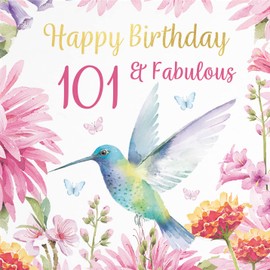 Hunts England - Hummingbird 101st Birthday Card For Her - With Gold Foil - Pretty Flowers - Milo's Gallery - Age 101 - Age One Hundred And One - 101 Year Old - Women's 101st Birthday Card