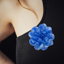 19mm Extra Large Rose Flower Brooches Lapel Pins Dainty Satin Fabric Brooches Big Camellia Flower Brooch Pin for Women Wedding Part Dance Clothes Accessories Jewelry (Blue)