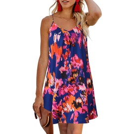 ULTRANICE Summer Dresses for Women 2025 Sundresses Spring Casual Floral Vacation Hawaiian Tropical Beach Cover Ups Backless Mini V Neck Spaghetti Strap Dress(Blue Pink Orange Floral,M)