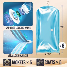 TAILI Hanging Vacuum Sealer Storage Space Saver Bags for Clothing, Suits and Jackets, Closet Organizers, 6 Pack Jumbo Blue