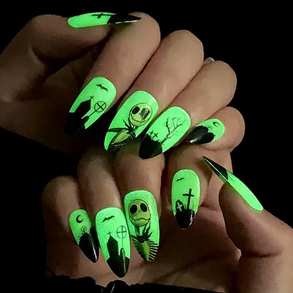 Brishow False Nails, Halloween Stick-On Nails, Black, Ghost Press on Nails, Grave, Glow-in-the-Dark Green, Pack of 24 for Women and Girls, Acrylonitrile Butadiene Styrene (ABS)