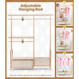 Relquorax Bamboo Kids Clothing Rack with Triple Hanging Poles, Child Dress Up Rack, Small Organizer GarmentRack with 3 Storage Bins, for Costumes and Accessories (Natural color)