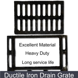 MASSLUNT Cast Iron Drain Grate and Frame, 12x8 Outdoor Drain Cover, B Class Sewer Grate with Base, Durable Heavy Duty Channel Grate, Black Rectangle Drainage Grate for Driveway, Concrete, Yard