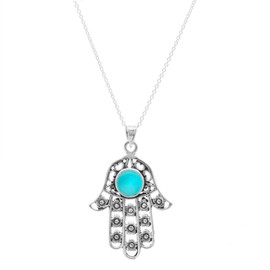 Silverly Women's .925 Sterling Silver Simulated Turquoise Hamsa Hand Pendant Necklace, 46 cm