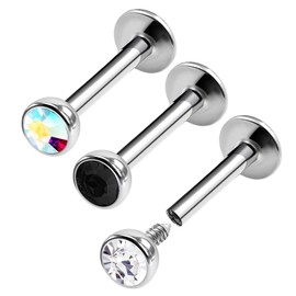 KJM Fashion Madonna Earrings Steel Lip 1.2 mm 16 g Crystal Ball Pack of 3, Alloy Steel