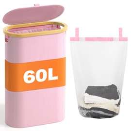 Slim Laundry Hamper with Lid 60L, Dirty clothes Hamper for Laundry Basket Collapsible, Thin Laundry Hamper with Removable Bag & Bamboo Handles, Narrow Laundry Hamper for Small Space, Pink
