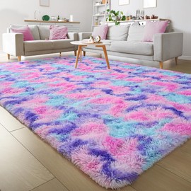 Keeko Fluffy Rainbow Area Rugs for Girls Room 6x9, Shag Colorful Bedroom Bedside Rug Soft Cute Princess Rug Fuzzy Large Carpet for Kids Teen Girl Boy Toddler Nursery Living Room Decor Hot Pink
