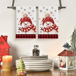 Artoid Mode Red Buffalo Plaid Bird Snowman Winter Kitchen Towels Dish Towels, 18x26 Inch Farmhouse Snowflakes Decoration Cleaning Set of 2
