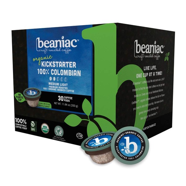 beaniac Organic Kickstarter 100% Colombian, Medium Light Roast, Single Serve Coffee K Cup Pods, Rainforest Alliance Certified Organic Arabica Coffee, 30 Compostable Coffee Pods, Keurig Brewer Compatible
