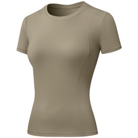 LEICHR Breathable Compression Short Sleeve Women Quick Dry Crew Neck Gym Tee Shirts Basic Running Yoga Tops Khaki