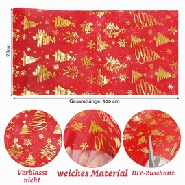 Table Runner Christmas Red, Table Runner Roll with Gold Christmas Tree Pattern, 28 cm x 500 cm, Organza Table Runner, Shiny Table Decoration, for Christmas, New Year's Eve, Advent Season, Ramadan