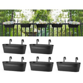 Dahey 5 Pcs Metal Iron Hanging Flower Pots for Railing Fence 15.7 Inch Hanging Bucket Pots Countryside Style Window Flower Plant Holder with Detachable Hooks for Garden Yard Home Decor, Black