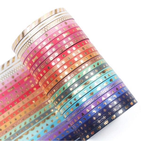 YUBBAEX Skinny Washi Tape Gold Foil Decorative Tapes 3MM Wide