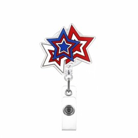 4th of July Nurse Badge Reel Independence Day Stars Retractable ID Name Alligator Clip Blue Red White Patriotic Acrylic Nursing Badge Holder for Worker Teacher Student Office Accessories