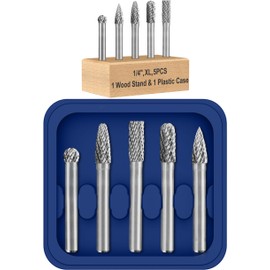 Carbide Burr Set 1/4" Shank 5PCS XL w/ Wood Base Die Grinder Bits Rotary Tool Rasp File for Metal Welds Concrete Stone Wood Plastic Carving Cutting Cleaning Grinding Engraving Porting Polish