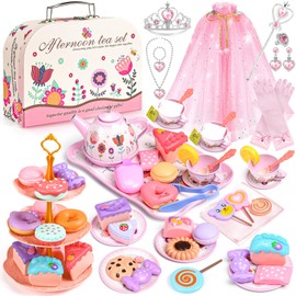 Tea Party Set for Little Girls: 63Pcs Pretend Play Toys, Princess Dress Up Tea Time, Tin Tea Sets for Toddlers 3-5 6 with Dessert, Carrying Case, Kids Kitchen Playset, Birthday Gift for Toddler Girls