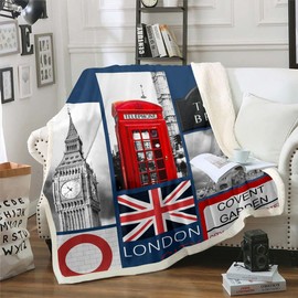 London Fleece Blanket Romantic City Building Blanket for Teens Boys,Big Bent Throw Blanket United Kingdom Tower Bridge Fuzzy Blanket Red Telephone Booth Union Jack Flag Sofa Decor 40"x50"