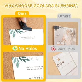 GOOLADA 24Pack Push Pin Clip,Black Bulletin Board Pins,Metal Pins for Cork Board, No Holes Clipboard Clips, Black Tacks, 1.25 Inch Clips for Hanging for School Office Home