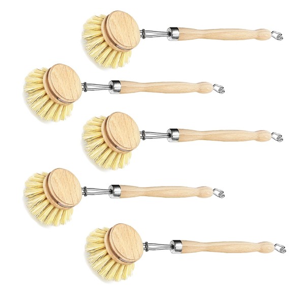Set of 5 Wooden Washing Up Brush Heads Replaceable Sustainable