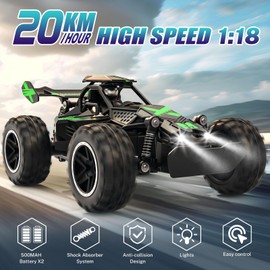 ACAMMZAR Remote Control Car, 1:18 High Speed RC Car for Kids, 20KM/H Monster RC Truck Off Road with Lights Toys for Boys, Green