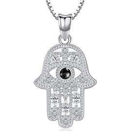 Aniu Hamsa Necklace for Women, Hand of Fatima Evil Eye Pendant, Sterling Silver October Birthstone Hamsa Jewelry,Comes with Black Jewelry Gift Box