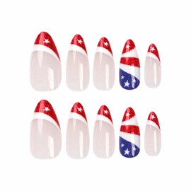 BABALAL 4th of July Press on Nails Medium Almond Fake Nails Glue on Nails Red Blue Swirl Independent Design Acrylic Nails 24Pcs USA Star Bling Stiletto Full Cover False Nails