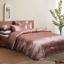 Manyshofu 6Pcs Rose Gold Duvet King Size Cover Set with Satin Fitted Sheet - Not Comforter, Cooling & Silky Duvet Cover Sheet Set Satin Comforter Cover (4 Pillowcases, 1 Duvet Cover, 1 Fitted Sheet