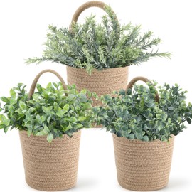 3 PACK Hanging Kitchen Wall Basket Decor with Artificial Plant Woven Wicker Wall Eucalyptus Farmhouse Jute Round Willow decor Set for Porch Living Room Bedroom Entryway(Grey Eucalyptus Style,10 Pcs)