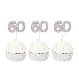 24 PCS 60th Cupcake Toppers - Anniversary or Birthday Cupcake Picks Party Decoration Supplies | Silver 60th